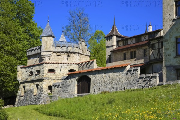 Eugenien Bastion, Lichtenstein Castle, fairytale castle of Württemberg, romantic fairytale castle on the eaves of the Swabian Alb, historicism, architecture, new building 1840-1842, according to plans by the architect Carl Alexander Heideloff, 19th century, Honau, municipality of Lichtenstein, Baden-Württemberg, Germany