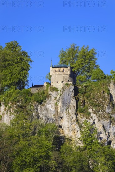 Augustenturm, Lichtenstein Castle, fairytale castle of Württemberg, romantic fairytale castle on the eaves of the Swabian Alb, historicism, architecture, new building 1840-1842, according to plans by the architect Carl Alexander Heideloff, 19th century, Honau, municipality of Lichtenstein, Baden-Württemberg, Germany
