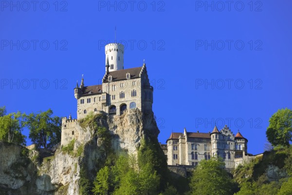 Lichtenstein Castle, fairytale castle of Württemberg, romantic fairytale castle on the eaves of the Swabian Alb, historicism, architecture, new building 1840-1842, according to plans by the architect Carl Alexander Heideloff, 19th century, Honau, municipality of Lichtenstein, Baden-Württemberg, Germany
