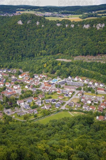 View of Honau, houses, streets, buildings, trees, outdoor swimming pool, Honau, municipality of Lichtenstein, Baden-Württemberg, Germany