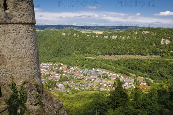 View of Honau from Lichtenstein Castle, fairytale castle of Württemberg, romantic fairytale castle on the eaves of the Swabian Alb, historicism, architecture, Honau, municipality of Lichtenstein, Baden-Württemberg, Germany