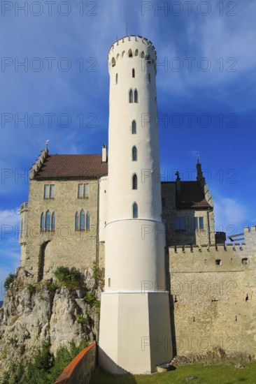 Lichtenstein Castle, fairytale castle of Württemberg, romantic fairytale castle on the eaves of the Swabian Alb, historicism, architecture, new building 1840-1842, according to plans by the architect Carl Alexander Heideloff, 19th century, Honau, municipality of Lichtenstein, Baden-Württemberg, Germany
