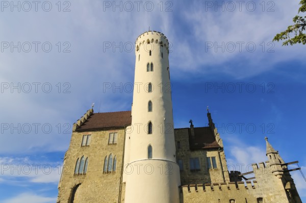 Lichtenstein Castle, fairytale castle of Württemberg, romantic fairytale castle on the eaves of the Swabian Alb, historicism, architecture, new building 1840-1842, according to plans by the architect Carl Alexander Heideloff, 19th century, Honau, municipality of Lichtenstein, Baden-Württemberg, Germany