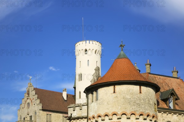 Lichtenstein Castle, Mathildenturm, fairytale castle of Württemberg, romantic fairytale castle on the eaves of the Swabian Alb, historicism, architecture, new building 1840-1842, according to plans by the architect Carl Alexander Heideloff, 19th century, Honau, municipality of Lichtenstein, Baden-Württemberg, Germany