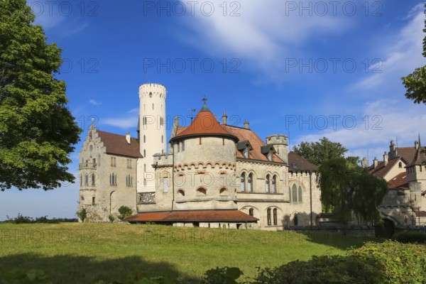 Lichtenstein Castle, Mathildenturm, fairytale castle of Württemberg, romantic fairytale castle on the eaves of the Swabian Alb, historicism, architecture, new building 1840-1842, according to plans by the architect Carl Alexander Heideloff, 19th century, Honau, municipality of Lichtenstein, Baden-Württemberg, Germany