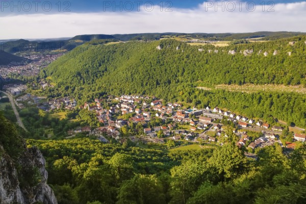 View of Honau, houses, streets, buildings, trees, outdoor swimming pool, mountains, Honau, municipality of Lichtenstein, Baden-Württemberg, Germany