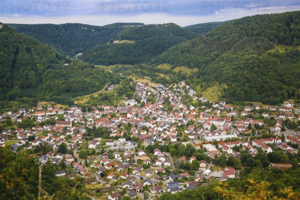 View of Lichtenstein-Unterhausen, houses, streets, buildings, trees, mountains, Unterhausen, municipality of Lichtenstein, Baden-Württemberg, Germany