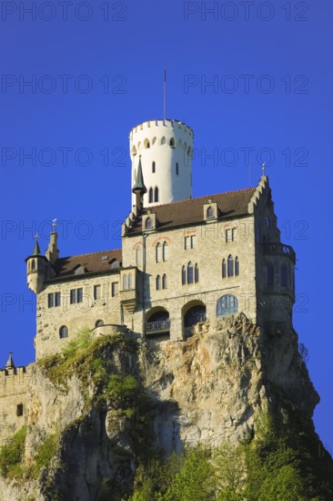 Lichtenstein Castle, fairytale castle of Württemberg, romantic fairytale castle on the eaves of the Swabian Alb, historicism, architecture, new building 1840-1842, according to plans by the architect Carl Alexander Heideloff, 19th century, Honau, municipality of Lichtenstein, Baden-Württemberg, Germany
