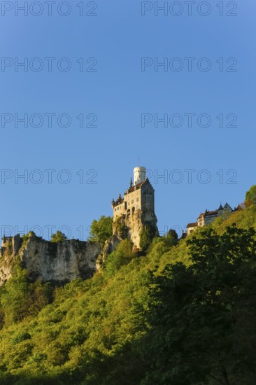 Lichtenstein Castle, fairytale castle of Württemberg, romantic fairytale castle on the eaves of the Swabian Alb, historicism, architecture, new building 1840-1842, according to plans by the architect Carl Alexander Heideloff, 19th century, Honau, municipality of Lichtenstein, Baden-Württemberg, Germany