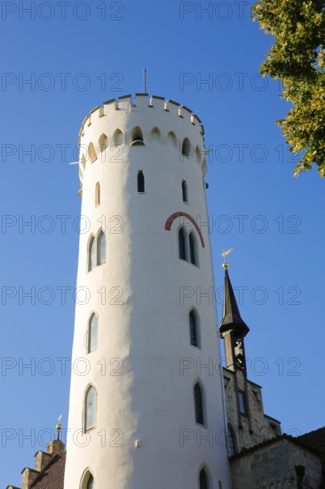 Lichtenstein Castle, fairytale castle of Württemberg, romantic fairytale castle on the eaves of the Swabian Alb, historicism, architecture, new building 1840-1842, according to plans by the architect Carl Alexander Heideloff, 19th century, Honau, municipality of Lichtenstein, Baden-Württemberg, Germany