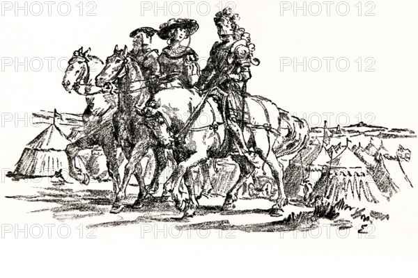 Illustration by Hermann Ebers, 21 June 1881 to 10 February 1955, painter, draughtsman, artist, chalk drawing, novel Lichtenstein by Wilhelm Hauff, publisher Abel und Müller, Leipzig, publisher dissolved in 1983, Georg von Sturmfeder, Marie, horses, history, legend, Baden-Württemberg, literature, studio, Germany
