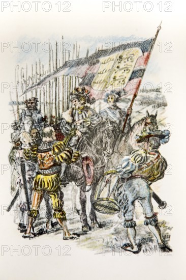 Illustration by Hermann Ebers, 21 June 1881 to 10 February 1955, painter, draughtsman, artist, chalk drawing, novel Lichtenstein by Wilhelm Hauff, publisher Abel und Müller, Leipzig, publisher dissolved in 1983, knight, rider, horses, Duke Ulrich, flag, banner of Württemberg, history, legend, Baden-Württemberg, literature, studio, Germany