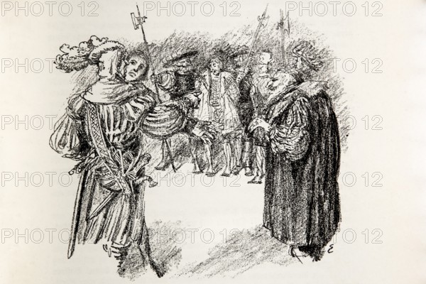 Illustration by Hermann Ebers, 21 June 1881 to 10 February 1955, painter, draughtsman, artist, chalk drawing, novel Lichtenstein by Wilhelm Hauff, publisher Abel und Müller, Leipzig, publisher dissolved in 1983, Duke Ulrich, knight, history, legend, Baden-Württemberg, literature, studio, Germany