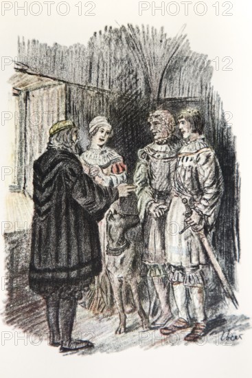 Illustration by Hermann Ebers, 21 June 1881 to 10 February 1955, painter, draughtsman, artist, chalk drawing, novel Lichtenstein by Wilhelm Hauff, publisher Abel und Müller, Leipzig, publisher dissolved in 1983, knight, the outlaw, Duke Ulrich, Marie, Georg von Sturmfeder, Marie's father, sword, dog, story, legend, Baden-Württemberg, literature, studio, Germany