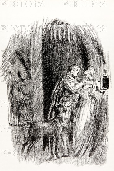 Illustration by Hermann Ebers, 21 June 1881 to 10 February 1955, painter, draughtsman, artist, chalk drawing, novel Lichtenstein by Wilhelm Hauff, publisher Abel und Müller, Leipzig, publisher dissolved in 1983, knight, the outlaw, Duke Ulrich, Marie, Georg von Sturmfeder, dog, story, legend, Baden-Württemberg, literature, studio, Germany