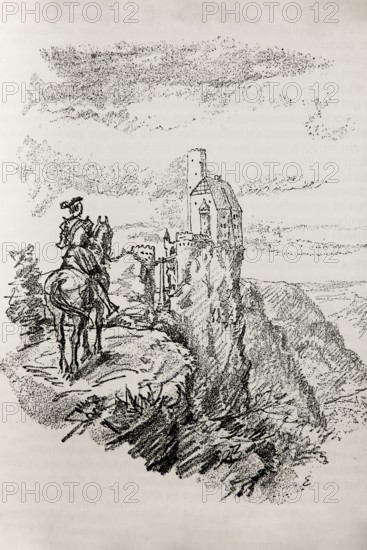 Illustration by Hermann Ebers, 21 June 1881 to 10 February 1955, painter, draughtsman, artist, chalk drawing, novel Lichtenstein by Wilhelm Hauff, published by Abel und Müller, Leipzig, publisher dissolved in 1983, Georg von Sturmfeder, knight, back right Lichtenstein Castle, castle, history, legend, Baden-Württemberg, literature, studio, Germany