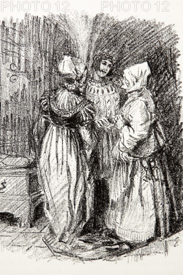 Illustration by Hermann Ebers, 21 June 1881 to 10 February 1955, painter, draughtsman, artist, chalk drawing, novel Lichtenstein by Wilhelm Hauff, publisher Abel und Müller, Leipzig, publisher dissolved in 1983, Georg von Sturmfeder, knight, Frau Rosel, story, legend, Baden-Württemberg, literature, studio, Germany
