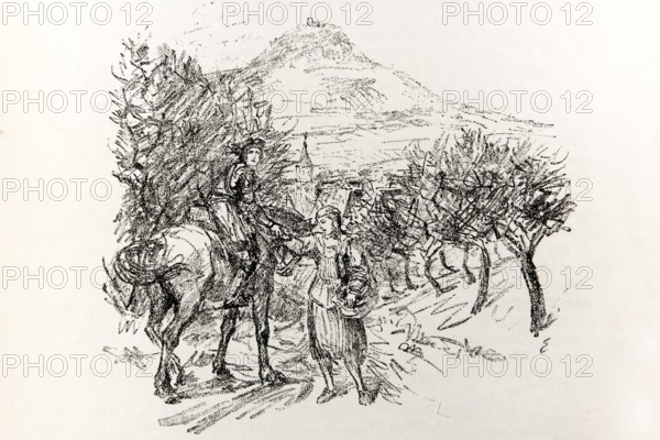 Illustration by Hermann Ebers, 21 June 1881 to 10 February 1955, painter, draughtsman, artist, chalk drawing, novel Lichtenstein by Wilhelm Hauff, published by Abel und Müller, Leipzig, publisher dissolved in 1983, knight on horseback, Georg von Sturmfeder, daughter of the minstrel, behind Achalm, castle, mountain, history, legend, Baden-Württemberg, literature, studio, Germany