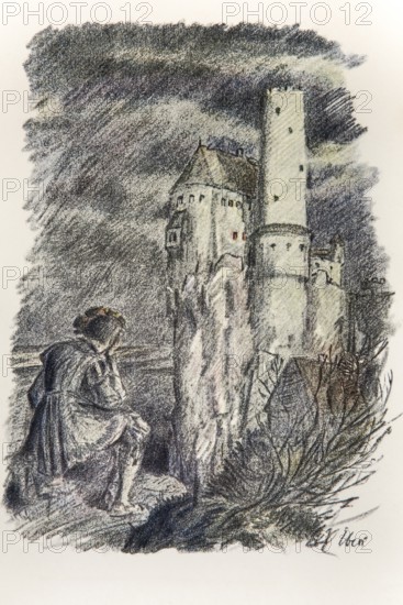Illustration by Hermann Ebers, 21 June 1881 to 10 February 1955, painter, draughtsman, artist, chalk drawing, novel Lichtenstein by Wilhelm Hauff, publisher Abel und Müller, Leipzig, publisher dissolved in 1983, Georg von Sturmfeder, knight, young nobleman, Lichtenstein Castle, castle, history, legend, Baden-Württemberg, signature, studio, Germany