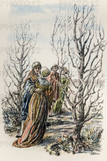 Illustration by Hermann Ebers, 21 June 1881 to 10 February 1955, painter, draughtsman, artist, chalk drawing, novel Lichtenstein by Wilhelm Hauff, publisher Abel und Müller, Leipzig, publisher dissolved in 1983, Georg von Sturmfeder, Marie, story, legend, Baden-Württemberg, literature, studio, Germany