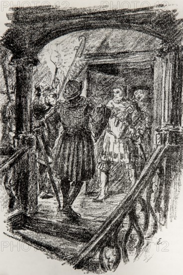 Illustration by Hermann Ebers, 21 June 1881 to 10 February 1955, painter, draughtsman, artist, chalk drawing, novel Lichtenstein by Wilhelm Hauff, publisher Abel und Müller, Leipzig, publisher dissolved in 1983, knight, Georg von Sturmfeder, history, legend, Baden-Württemberg, literature, studio, Germany