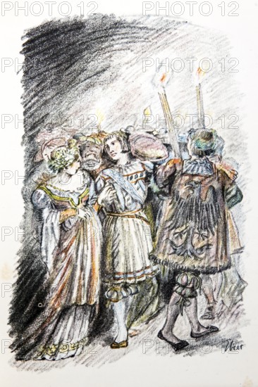 Illustration by Hermann Ebers, 21 June 1881 to 10 February 1955, painter, draughtsman, artist, chalk drawing, novel Lichtenstein by Wilhelm Hauff, publisher Abel und Müller, Leipzig, publisher dissolved in 1983, Marie, Georg von Sturmfeder, story, legend, Baden-Württemberg, literature, studio, Germany