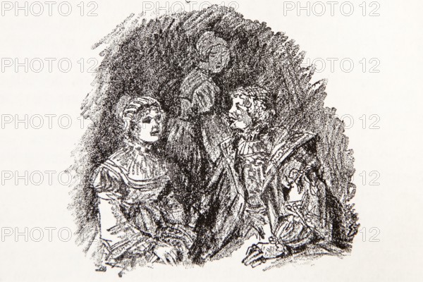 Illustration by Hermann Ebers, 21 June 1881 to 10 February 1955, painter, draughtsman, artist, chalk drawing, novel Lichtenstein by Wilhelm Hauff, publisher Abel und Müller, Leipzig, publisher dissolved in 1983, Marie and Berta in conversation, story, legend, Baden-Württemberg, literature, studio, Germany