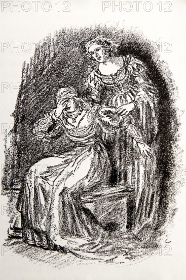 Illustration by Hermann Ebers, 21 June 1881 to 10 February 1955, painter, draughtsman, artist, chalk drawing, novel Lichtenstein by Wilhelm Hauff, publisher Abel und Müller, Leipzig, publisher dissolved in 1983, Marie and Berta, crying, story, legend, Baden-Württemberg, literature, studio, Germany
