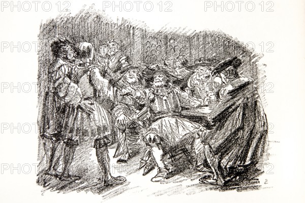 Illustration by Hermann Ebers, 21 June 1881 to 10 February 1955, painter, draughtsman, artist, chalk drawing, novel Lichtenstein by Wilhelm Hauff, publisher Abel und Müller, Leipzig, publisher dissolved in 1983, Georg von Sturmfeder, men, history, legend, Baden-Württemberg, literature, studio, Germany