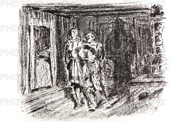 Illustration by Hermann Ebers, 21 June 1881 to 10 February 1955, painter, draughtsman, artist, chalk drawing, novel Lichtenstein by Wilhelm Hauff, publisher Abel und Müller, Leipzig, publisher dissolved in 1983, Georg von Sturmfeder, bedroom, bed, story, legend, Baden-Württemberg, literature, studio, Germany
