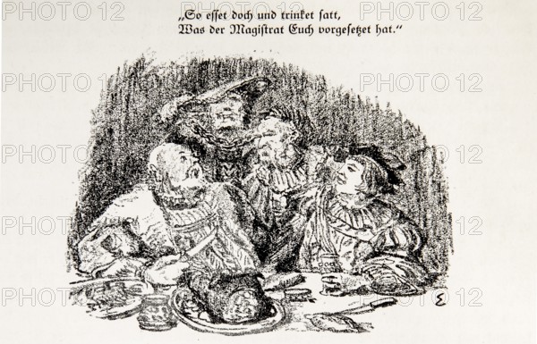 Illustration by Hermann Ebers, 21 June 1881 to 10 February 1955, painter, draughtsman, artist, chalk drawing, novel Lichtenstein by Wilhelm Hauff, publisher Abel und Müller, Leipzig, publisher dissolved in 1983, men, food, saying, So esset doch und trinket satt, was der Magistrat euch vorgesezet hat, history, legend, Baden-Württemberg, literature, studio, Germany