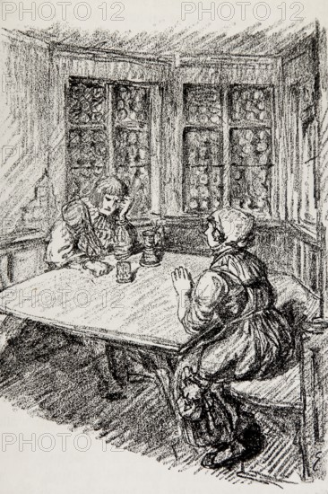 Illustration by Hermann Ebers, 21 June 1881 to 10 February 1955, painter, draughtsman, artist, chalk drawing, novel Lichtenstein by Wilhelm Hauff, publisher Abel und Müller, Leipzig, publisher dissolved in 1983, Georg von Sturmfeder, knight, landlady of the golden stag, history, legend, Baden-Württemberg, literature, studio, Germany