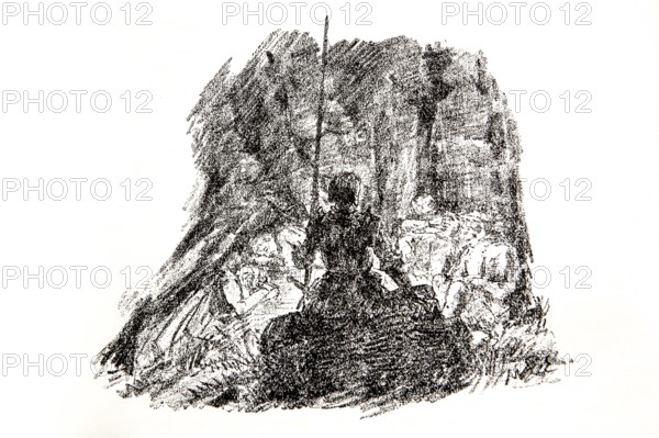 Illustration by Hermann Ebers, 21 June 1881 to 10 February 1955, painter, draughtsman, artist, chalk drawing, novel Lichtenstein by Wilhelm Hauff, publisher Abel und Müller, Leipzig, publisher dissolved in 1983, knight, story, saga, Baden-Württemberg, literature, studio, Germany