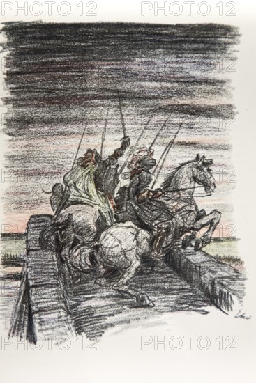 Illustration by Hermann Ebers, 21 June 1881 to 10 February 1955, painter, draughtsman, artist, chalk drawing, novel Lichtenstein by Wilhelm Hauff, publisher Abel und Müller, Leipzig, publisher dissolved in 1983, Georg von Sturmfeder, knight, fighter, horses, weapons, history, legend, Baden-Württemberg, literature, studio, Germany
