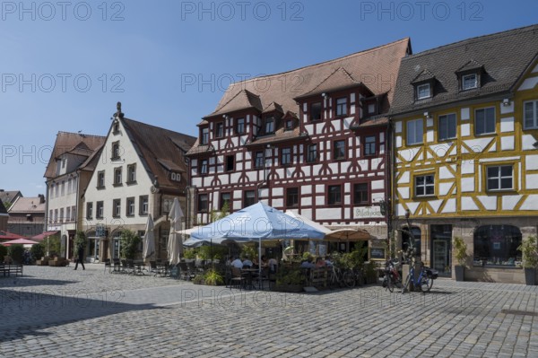 Historic buildings on the market square, half-timbered building, Old Town, Fürth, Middle Franconia, Franconia, Bavaria, Germany