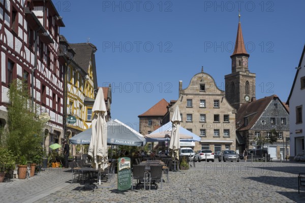 Historic buildings on the market square, half-timbered building, St Michael's Church, Old Town, Fürth, Middle Franconia, Franconia, Bavaria, Germany