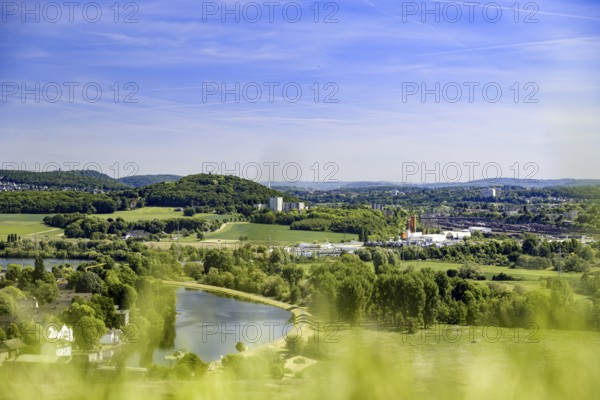 Panorama over the Ruhr with surrounding forests, meadows and hills as far as Hagen, blue sky, seen from Volmarstein Castle, Wetter, North Rhine-Westphalia, Germany