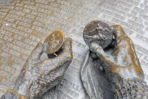 Sculpture, detail with coins, city elevation monument, Burgplatz, Old Town, Düsseldorf, Rhineland, North Rhine-Westphalia, North Rhine-Westphalia, Germany