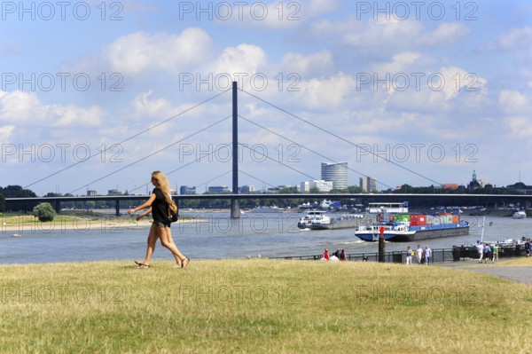 Rhine promenade, boat trip on the Rhine, view of Oberkassel bridge, Düsseldorf, Rhineland, North Rhine-Westphalia, Germany