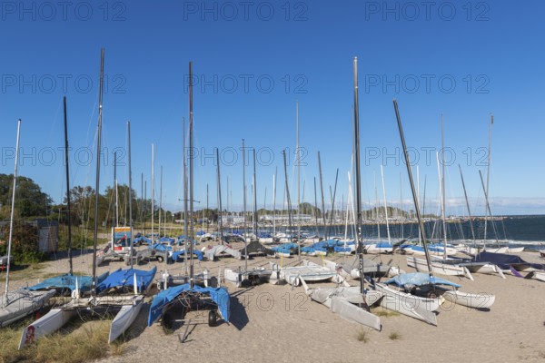Catamarans on the beach, Strande near Kiel, Rendsburg-Eckernförde district, Baltic Sea, behind the marina, sailing, leisure activities, water sports, seashore, sandy beach, summer, ship masts, blue sky, sunshine, Bay of Kiel, Schleswig-Holstein, Germany