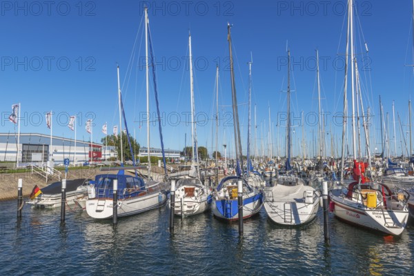 Strande marina near Kiel, Rendsburg-Eckernförde district, ship masts, water reflection, dolphins, Baltic Sea, sailing, leisure activities, water sports, summer, blue sky, sunshine, Bay of Kiel, Schleswig-Holstein, Germany