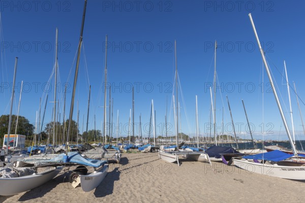 Catamarans on the beach, Strande near Kiel, Rendsburg-Eckernförde district, Baltic Sea, behind the marina, sailing, leisure activities, water sports, seashore, sandy beach, summer, ship masts, blue sky, sunshine, Bay of Kiel, Schleswig-Holstein, Germany