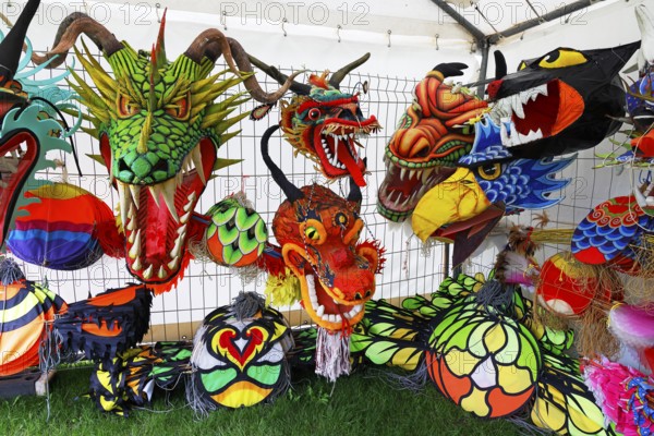 Kite festival, international kite festival, exhibition tent with Asian-style kite heads, Dieppe, Normandy, France