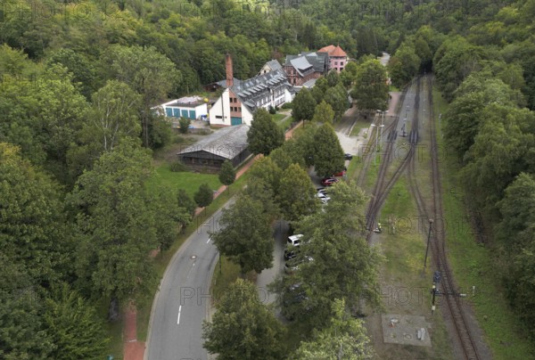 Drone image of Alexisbad station, Selketalbahn, Harzquerbahn, Harzer Schmalspurbahn, Saxony-Anhalt, Germany