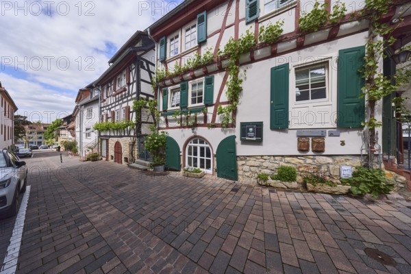 Old town, alley, historic half-timbered houses, facade with windows and shutters, cellar hatches, pavement of concrete paving stones, cloudy, diffuse light, slightly sunny, Kellereigasse, Heppenheim, Odenwald, Bergstrasse district, Hesse, Germany