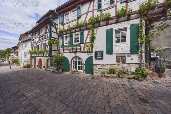 Old town, alley, historic half-timbered houses, facade with windows and shutters, cellar hatches, pavement of concrete paving stones, cloudy, diffuse light, slightly sunny, Kellereigasse, Heppenheim, Odenwald, Bergstrasse district, Hesse, Germany