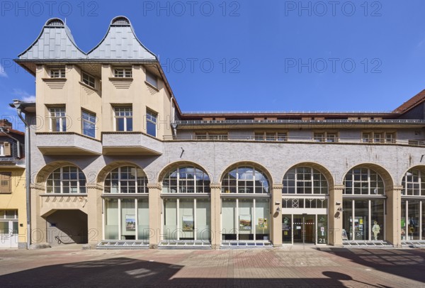 Town hall, town office, town administration, tourist information, building, facade with shop windows, entrance, blue sky, Friedrichstraße, Heppenheim, Odenwald, Bergstraße district, Hesse, Germany