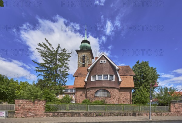 Chapel of St Vincent's Motherhouse, tower, tower clock, trees, blue sky, cumulus clouds, Ernst-Schneider-Straße, Heppenheim, Odenwald, Bergstraße district, Hesse, Germany