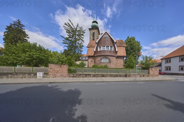 Chapel of the motherhouse St. Vinzent, tower, tower clock, trees, blue sky, cumulus clouds, crossing Neckarstraße with Ernst-Schneider-Straße, Heppenheim, Odenwald, district Bergstraße, Hesse, Germany