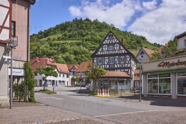 Schlossberg, general architecture, half-timbered house, lantern, hill, forest, trees, blue sky, cumulus clouds, intersection between Friedrichstraße, Graben and Kleiner Markt, Heppenheim, Odenwald, Bergstraße district, Hesse, Germany